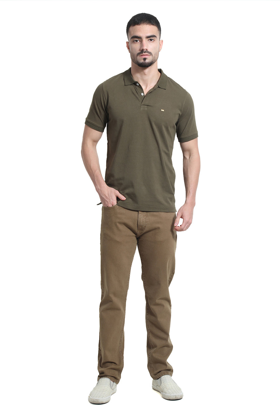 BASICS REGULAR FIT OIL GREEN COTTON STRETCH POLO T-SHIRT