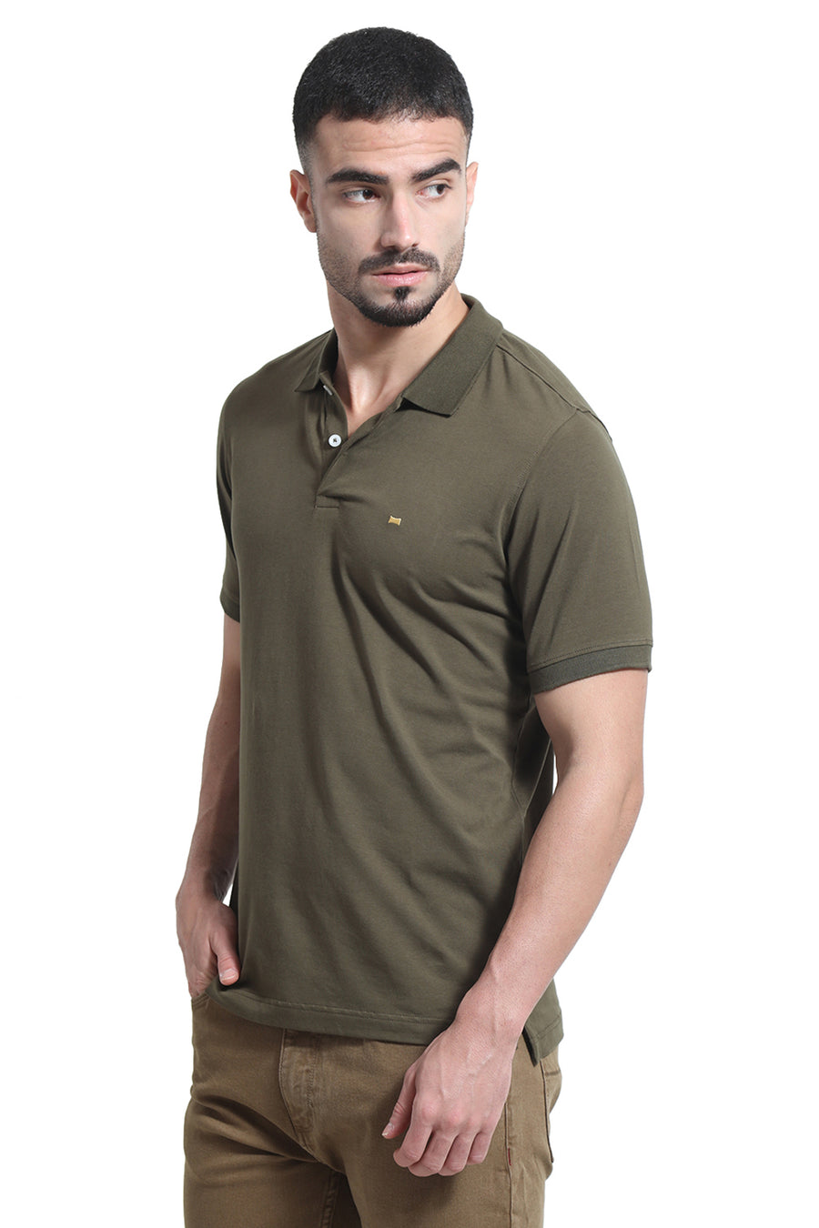 BASICS REGULAR FIT OIL GREEN COTTON STRETCH POLO T-SHIRT