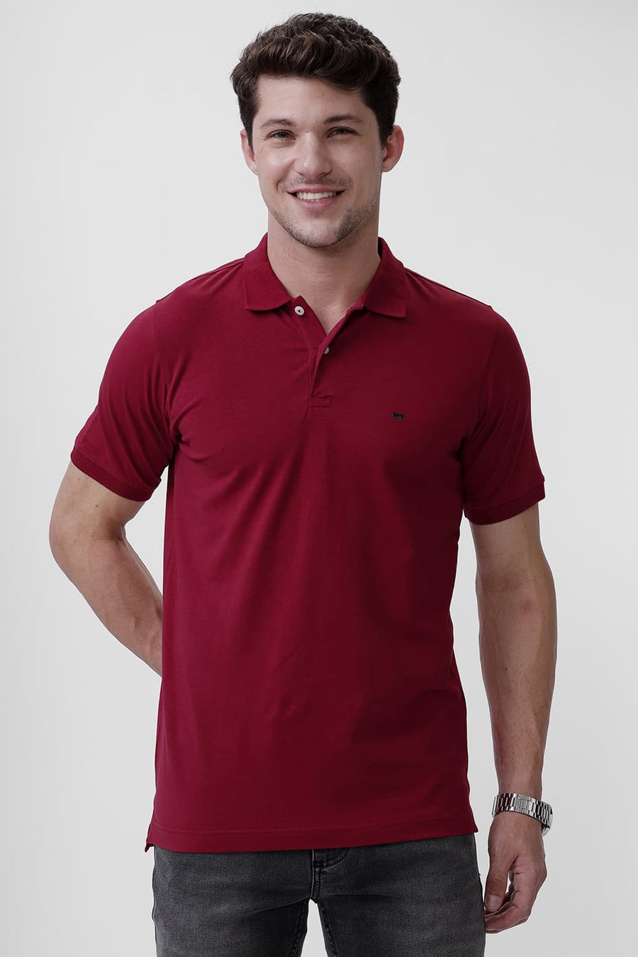 BASICS REGULAR FIT PERSIAN RED COTTON STRETCH POLO T-SHIRT
