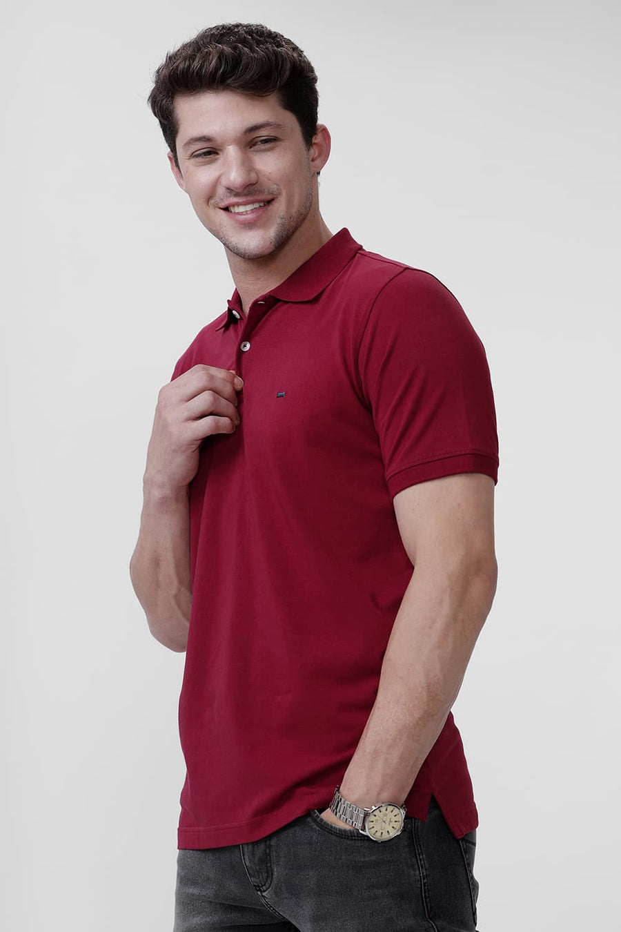 BASICS REGULAR FIT PERSIAN RED COTTON STRETCH POLO T-SHIRT