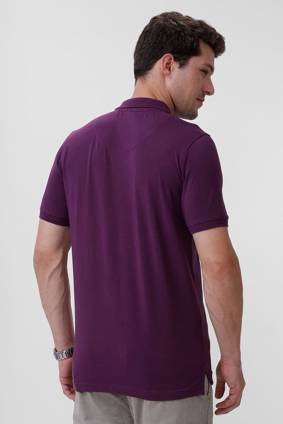 BASICS REGULAR FIT PLUM COTTON STRETCH POLO T-SHIRT