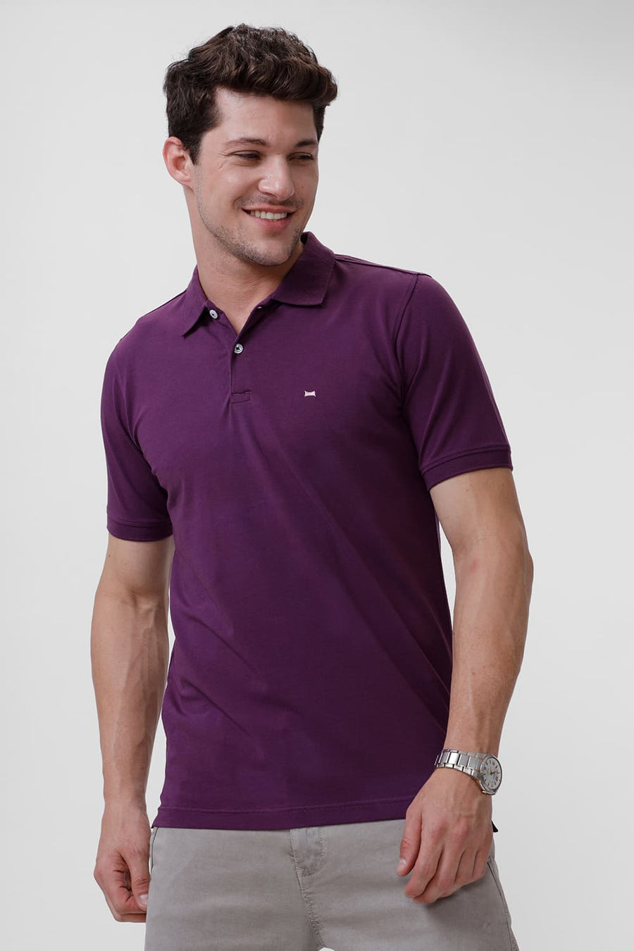 BASICS REGULAR FIT PLUM COTTON STRETCH POLO T-SHIRT