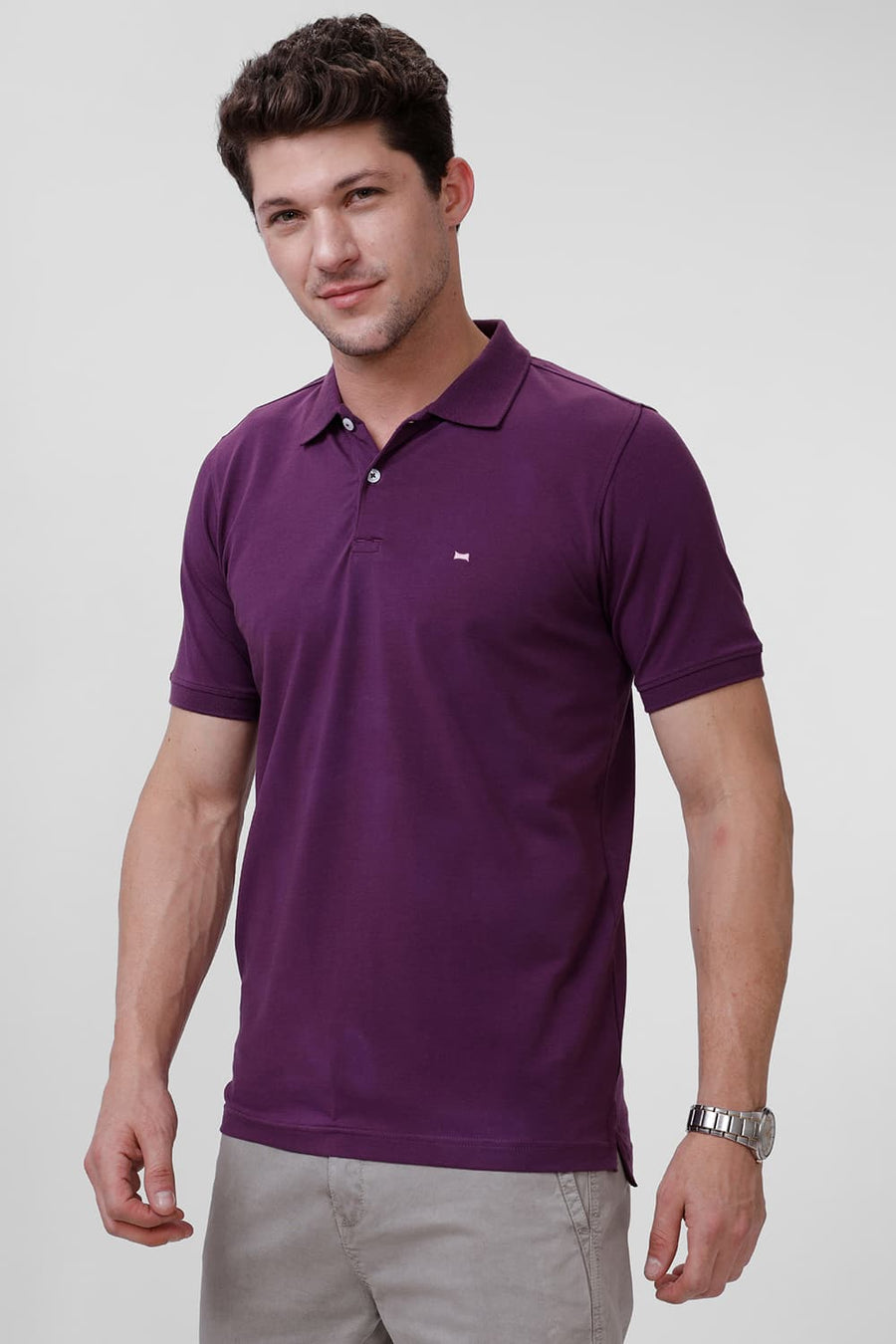 BASICS REGULAR FIT PLUM COTTON STRETCH POLO T-SHIRT