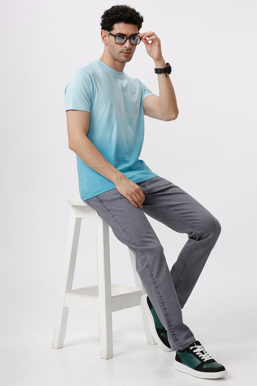 BASICS REGULAR FIT CRYSTAL BLUE COTTON CREW T-SHIRT