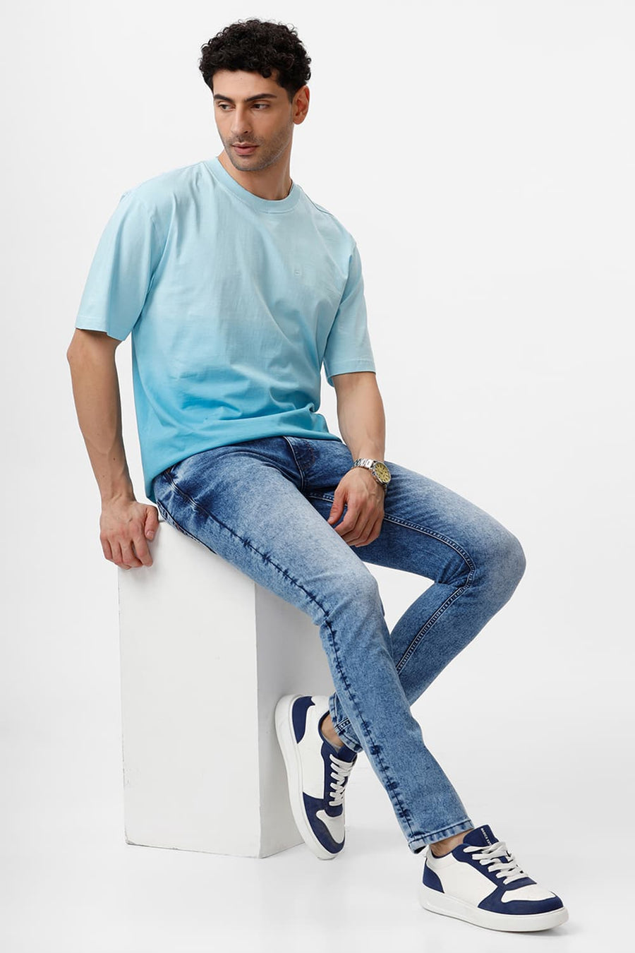 BASICS RELAXED FIT CRYSTAL BLUE COTTON CREW T-SHIRT