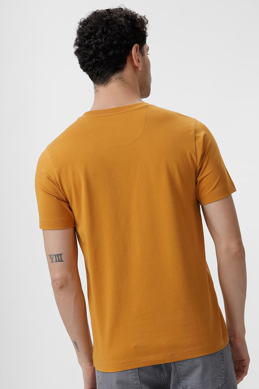 BASICS REGULAR FIT MUSTARD YELLOW COTTON STRETCH CREW T-SHIRT