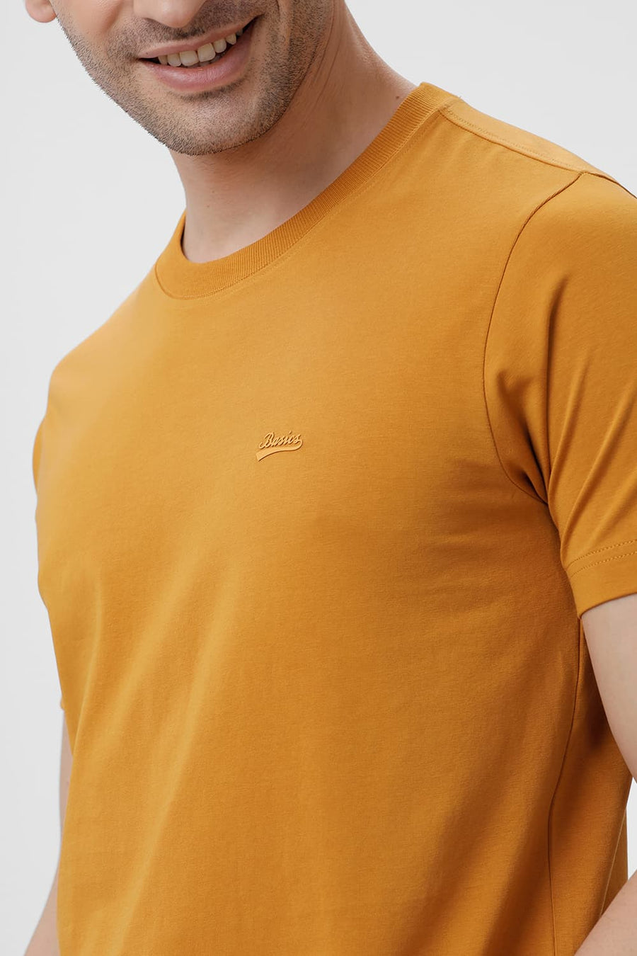 BASICS REGULAR FIT MUSTARD YELLOW COTTON STRETCH CREW T-SHIRT