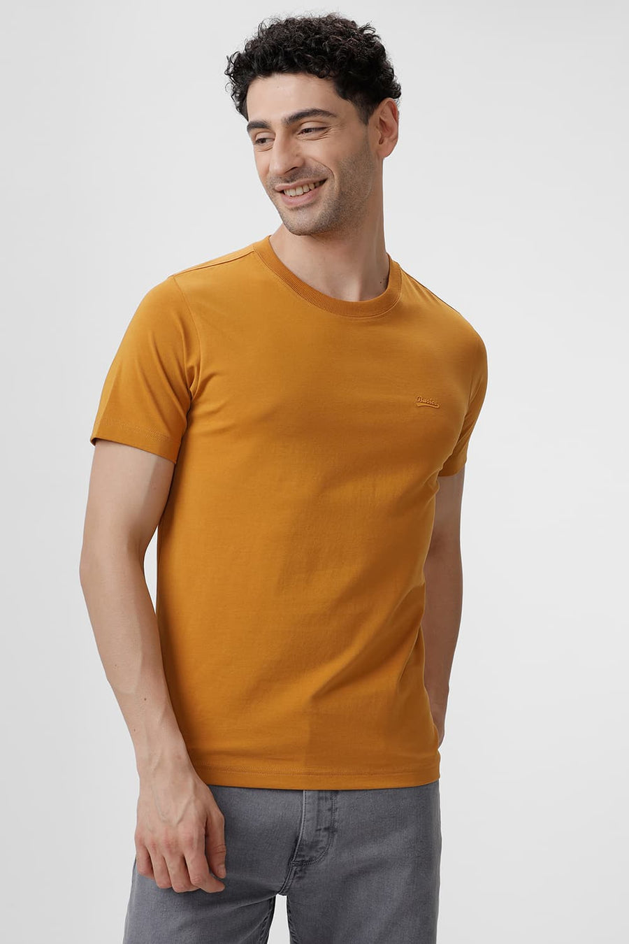 BASICS REGULAR FIT MUSTARD YELLOW COTTON STRETCH CREW T-SHIRT