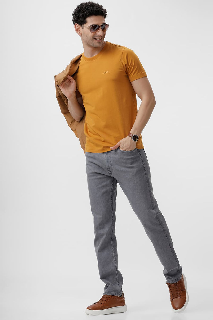 BASICS REGULAR FIT MUSTARD YELLOW COTTON STRETCH CREW T-SHIRT