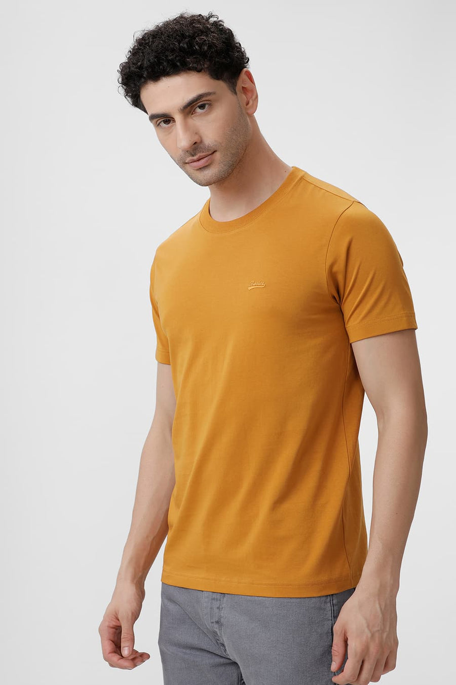 BASICS REGULAR FIT MUSTARD YELLOW COTTON STRETCH CREW T-SHIRT