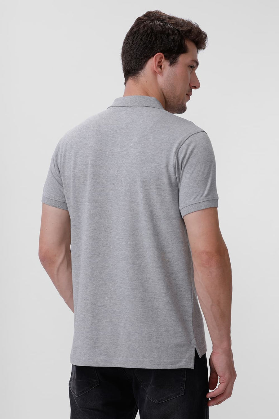 BASICS REGULAR FIT GREY MELANGE COTTON POLO T-SHIRT
