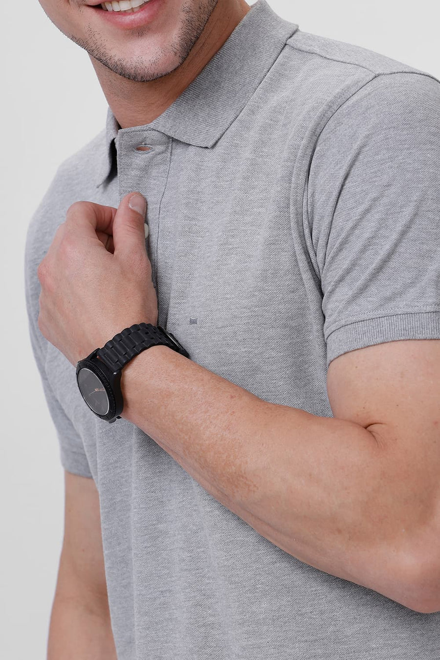 BASICS REGULAR FIT GREY MELANGE COTTON POLO T-SHIRT