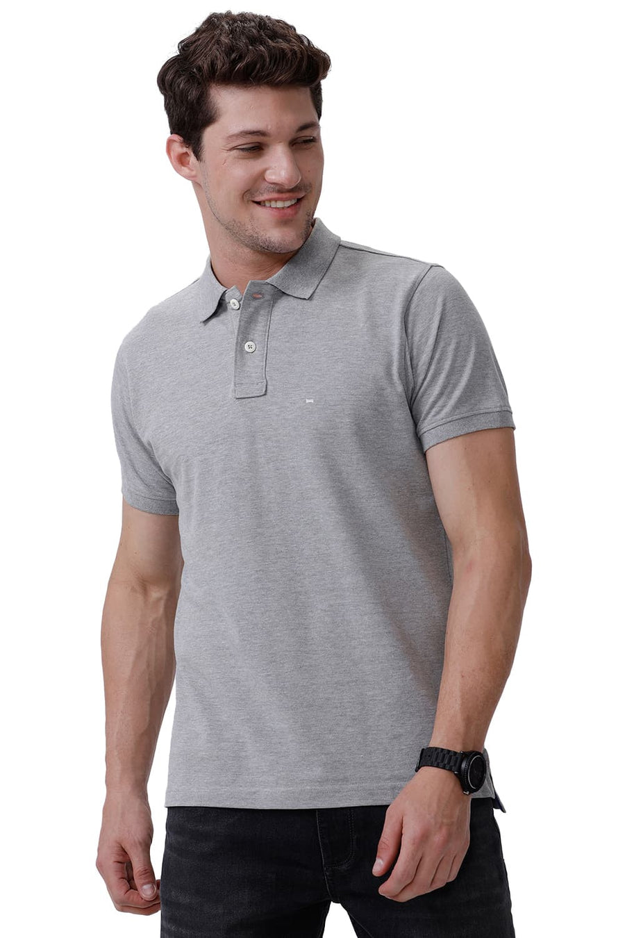 BASICS REGULAR FIT GREY MELANGE COTTON POLO T-SHIRT