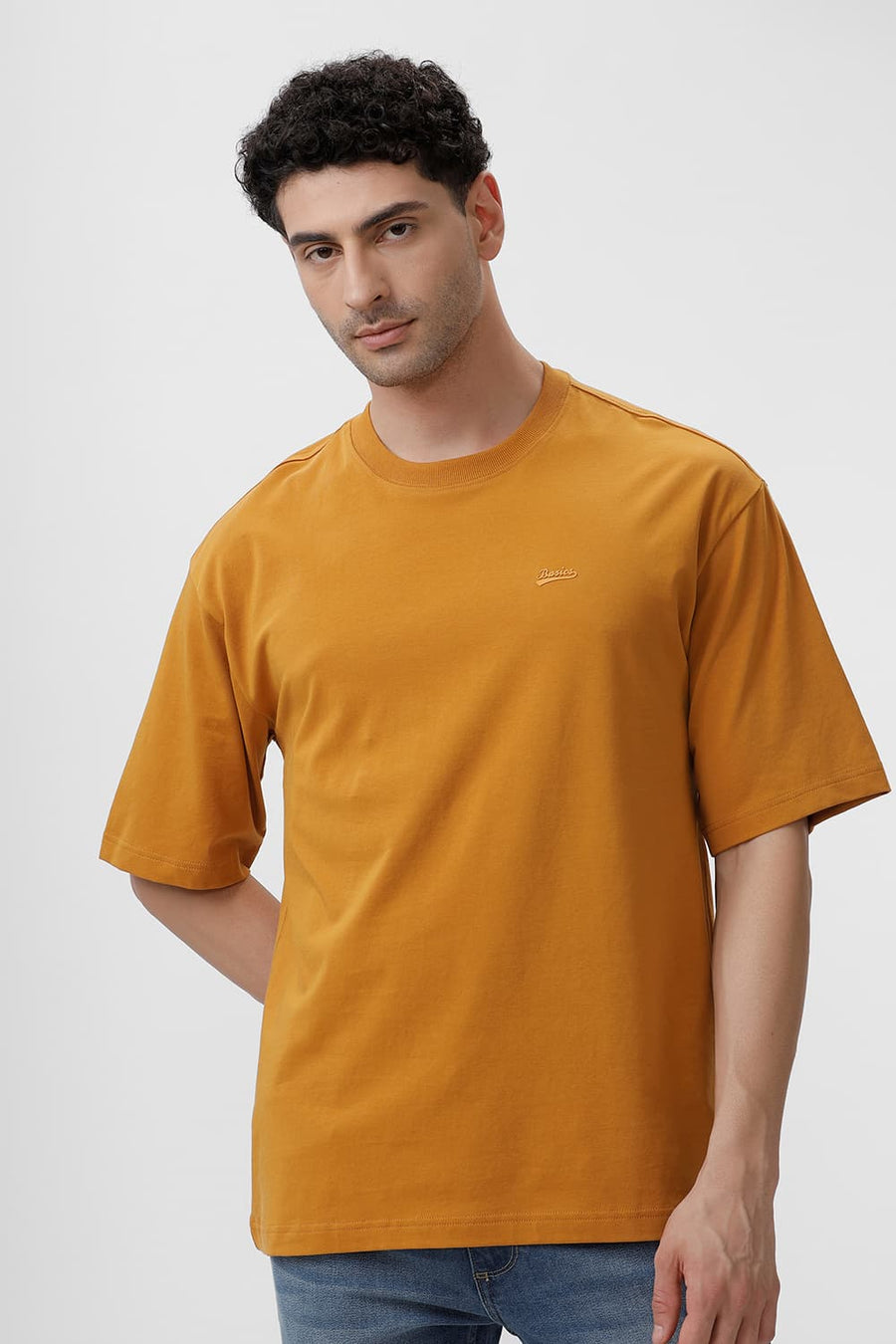 BASICS RELAXED FIT MUSTARD YELLOW COTTON STRETCH CREW T-SHIRT
