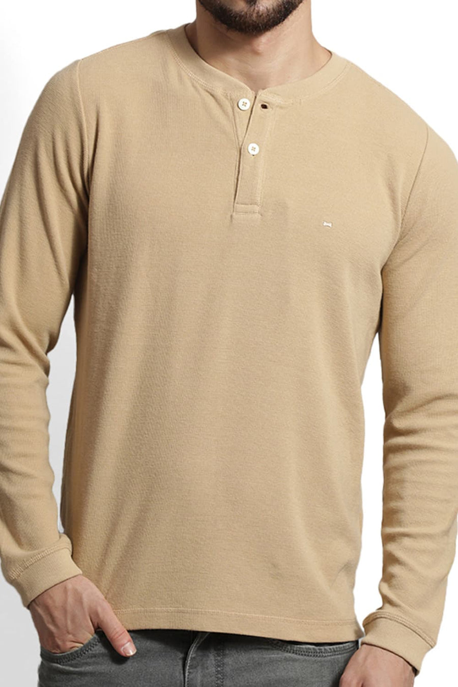 BASICS REGULAR FIT IRISH CREAM COTTON POLYESTER HENELY T-SHIRT