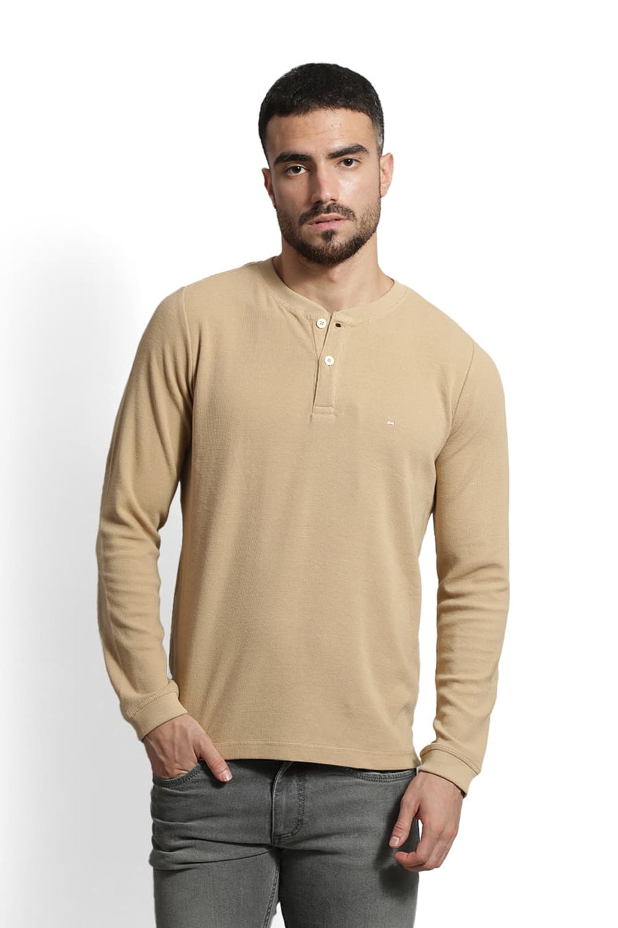 BASICS REGULAR FIT IRISH CREAM COTTON POLYESTER HENELY T-SHIRT