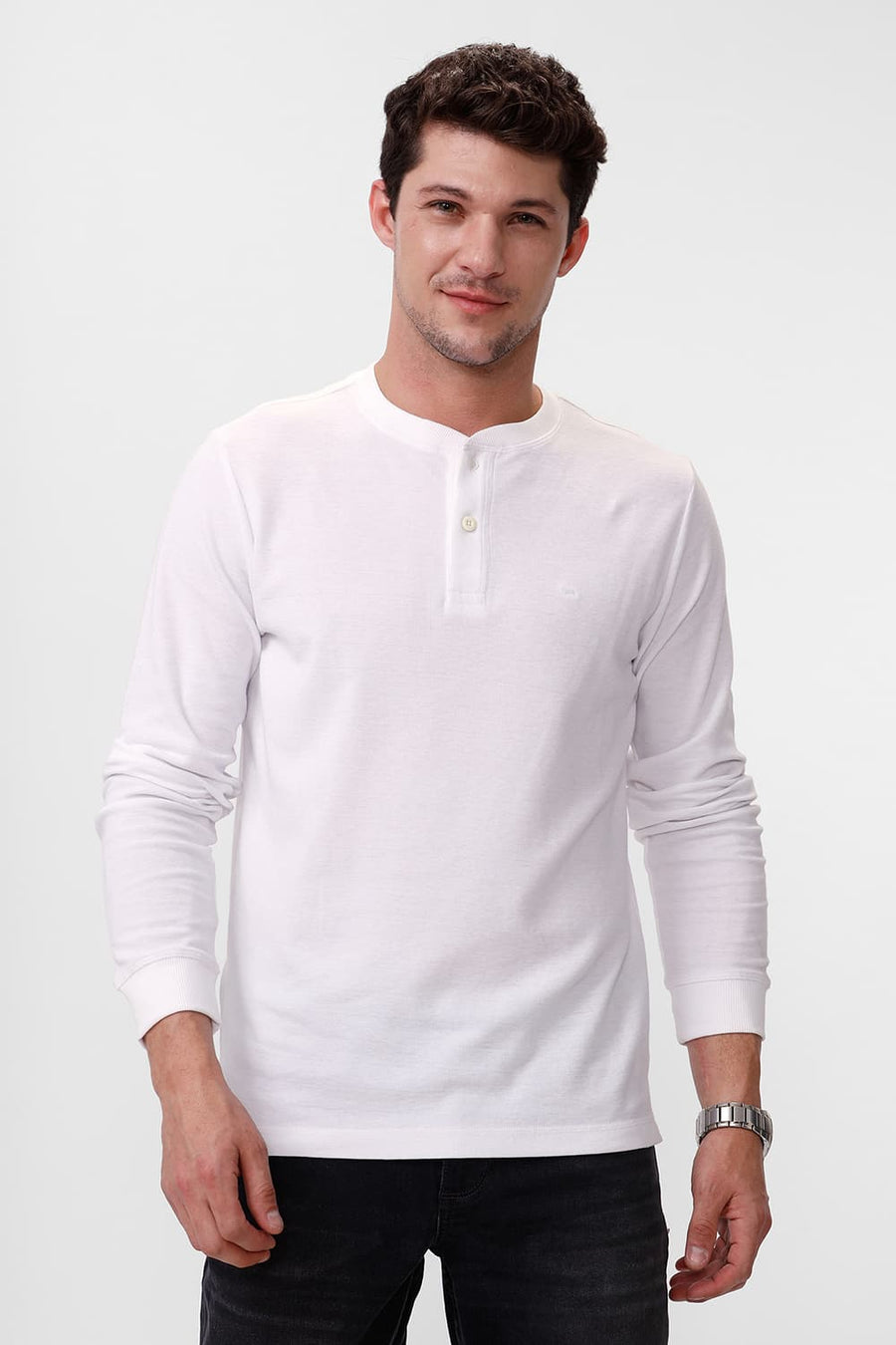 BASICS REGULAR FIT BRIGHT WHITE COTTON POLYESTER HENELY T-SHIRT