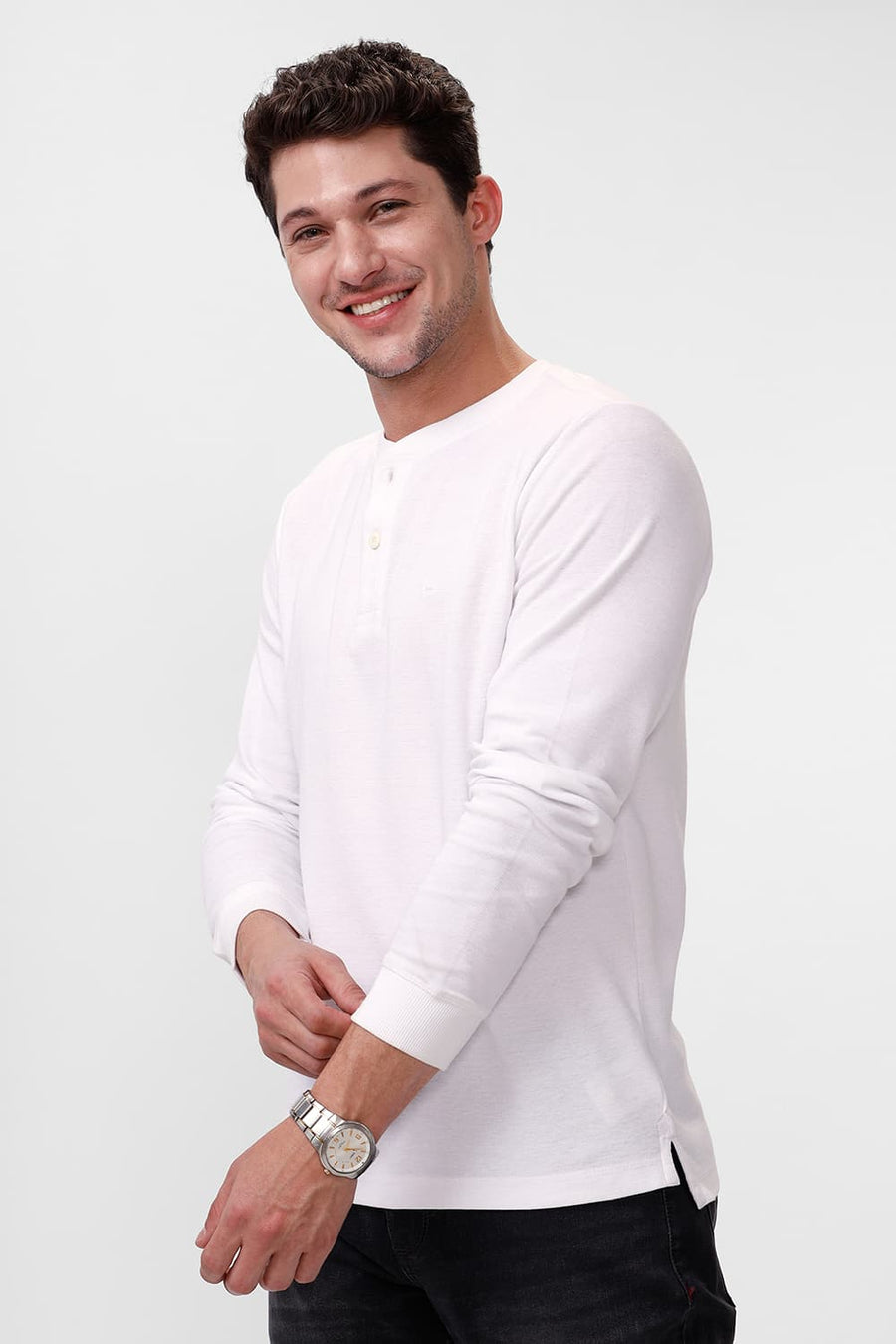 BASICS REGULAR FIT BRIGHT WHITE COTTON POLYESTER HENELY T-SHIRT