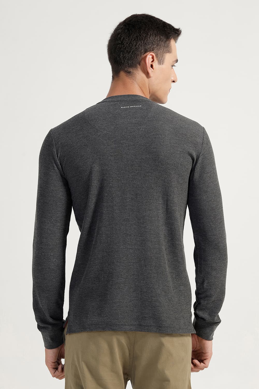 BASICS REGULAR FIT CHARCOAL HEATHER COTTON POLYESTER HENELY T-SHIRT
