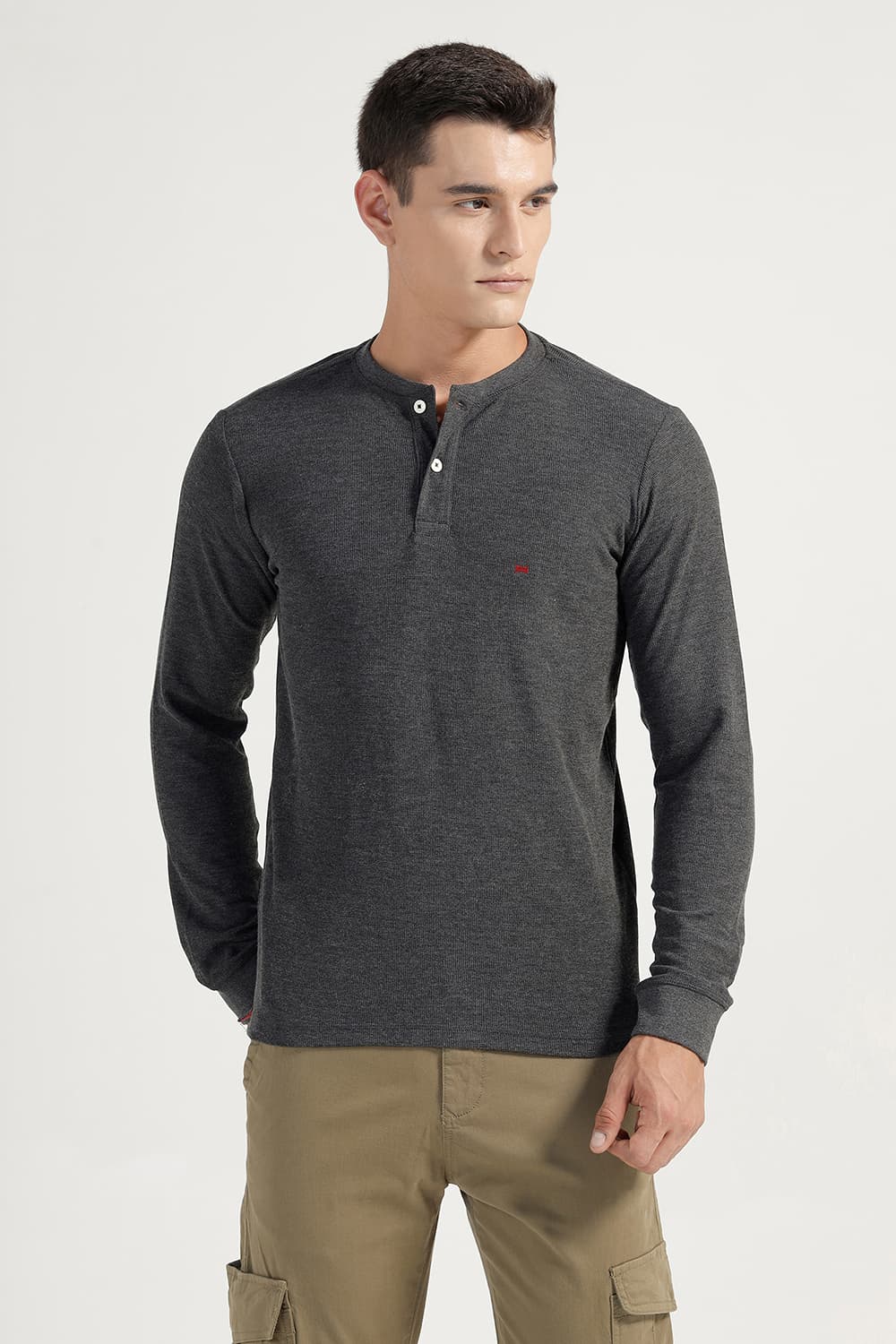 BASICS REGULAR FIT CHARCOAL HEATHER COTTON POLYESTER HENELY T-SHIRT