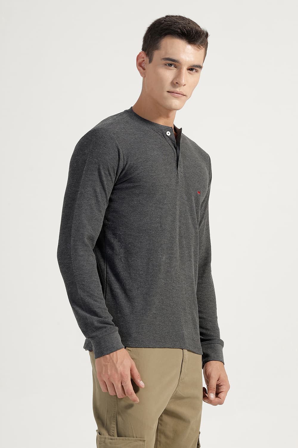 BASICS REGULAR FIT CHARCOAL HEATHER COTTON POLYESTER HENELY T-SHIRT