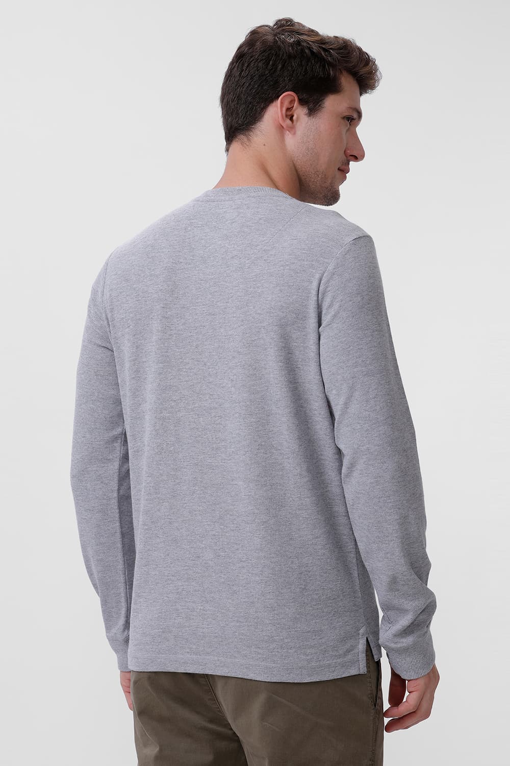 BASICS REGULAR FIT GREY HEATHER COTTON POLYESTER HENELY T-SHIRT