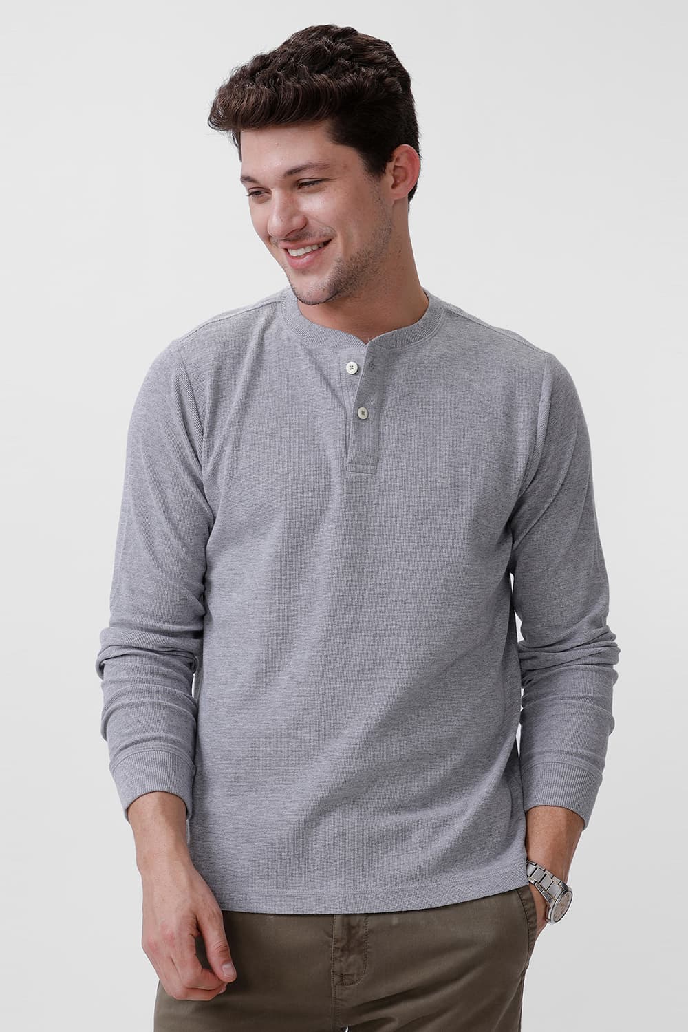 BASICS REGULAR FIT GREY HEATHER COTTON POLYESTER HENELY T-SHIRT