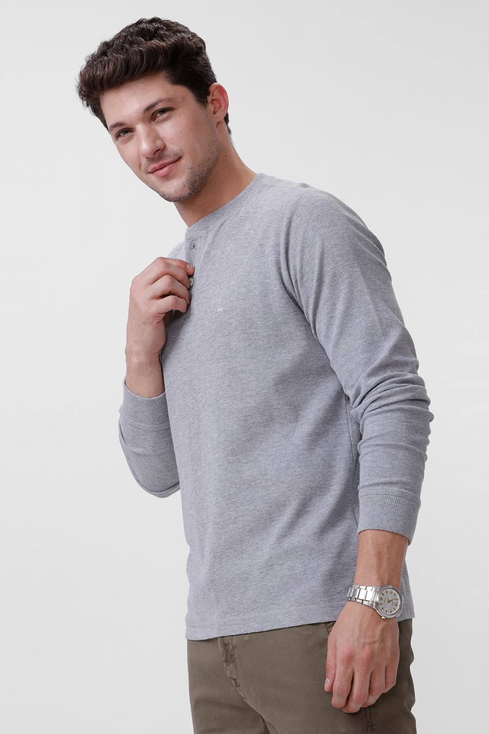 BASICS REGULAR FIT GREY HEATHER COTTON POLYESTER HENELY T-SHIRT