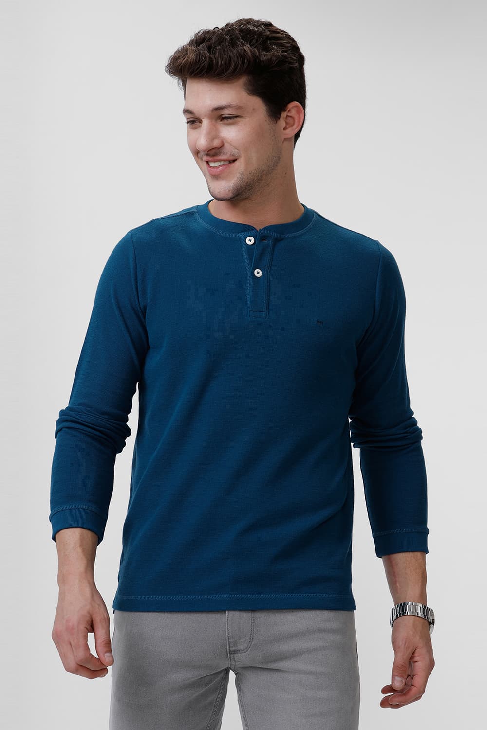 BASICS REGULAR FIT LEGION BLUE COTTON POLYESTER HENELY T-SHIRT