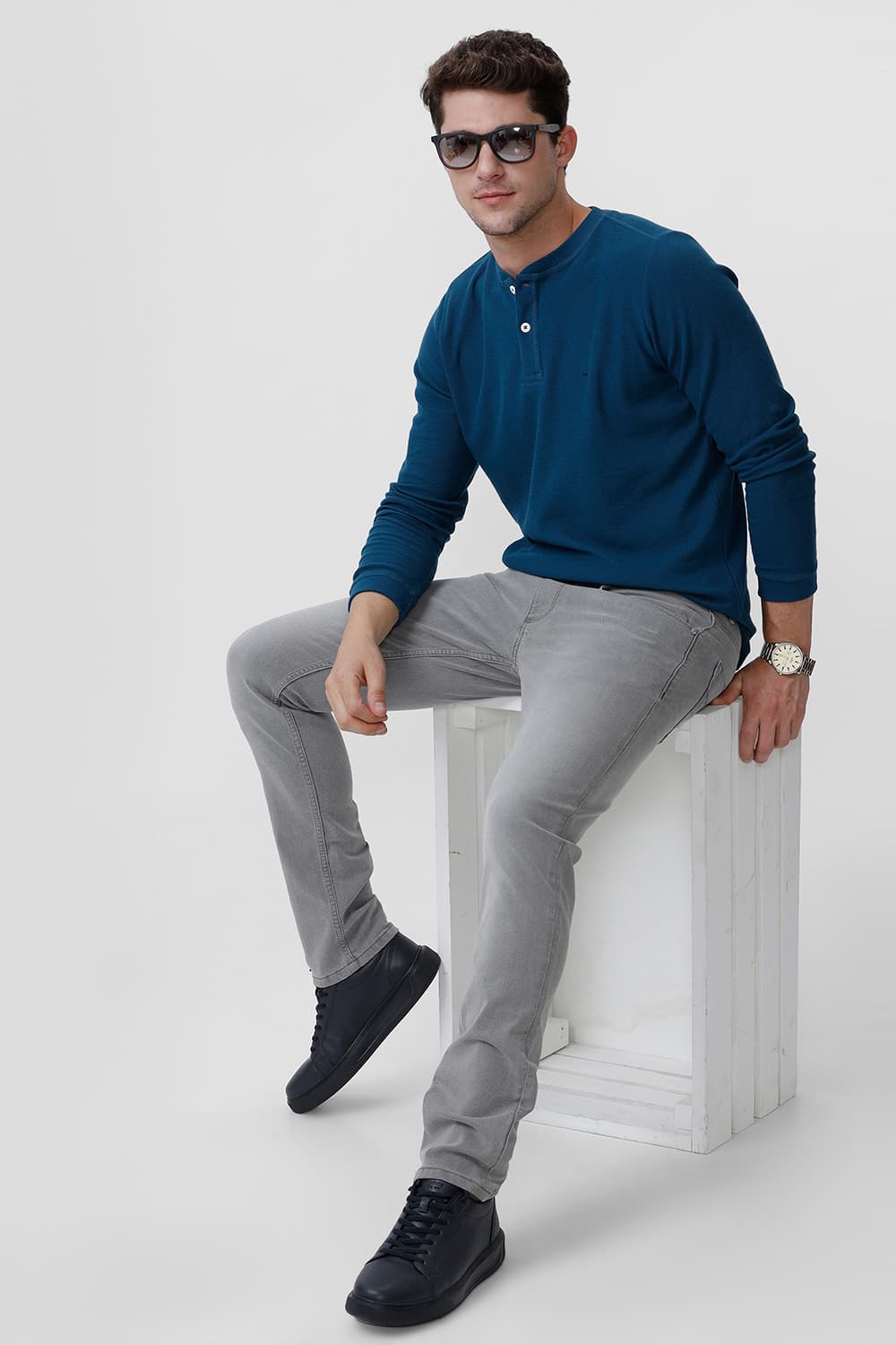 BASICS REGULAR FIT LEGION BLUE COTTON POLYESTER HENELY T-SHIRT