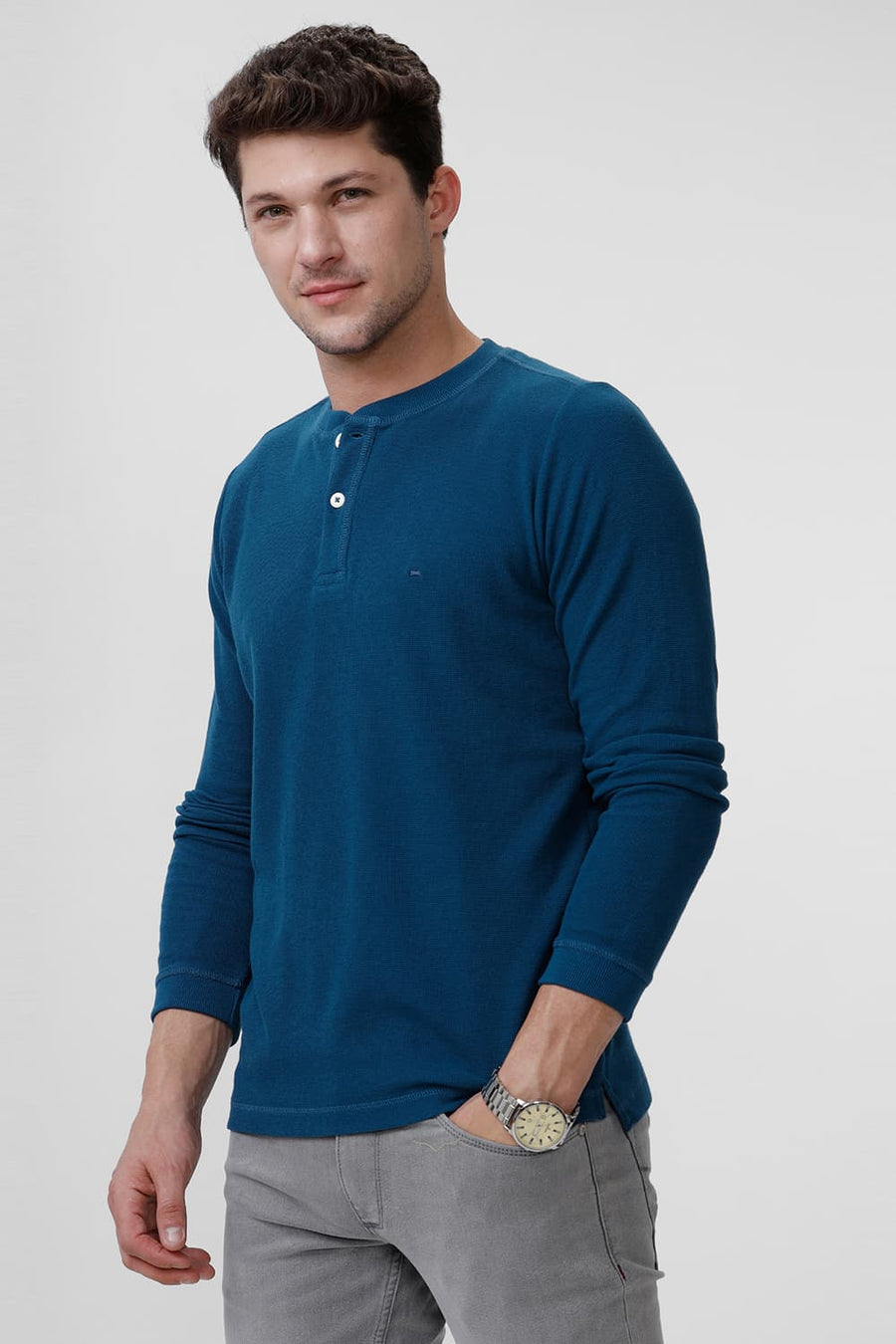 BASICS REGULAR FIT LEGION BLUE COTTON POLYESTER HENELY T-SHIRT