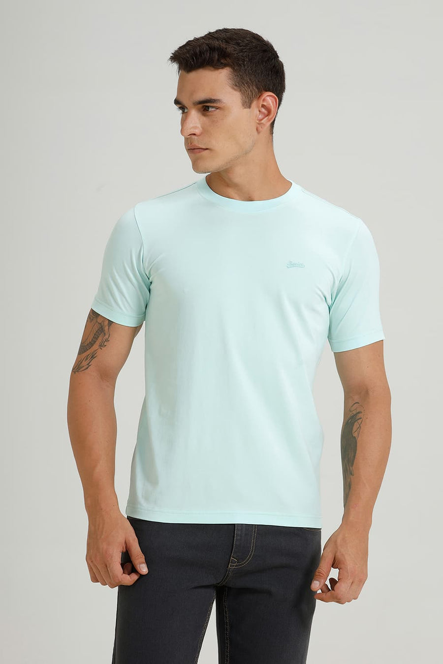 BASICS REGULAR FIT FAIR AQUA COTTON STRETCH CREW T-SHIRT