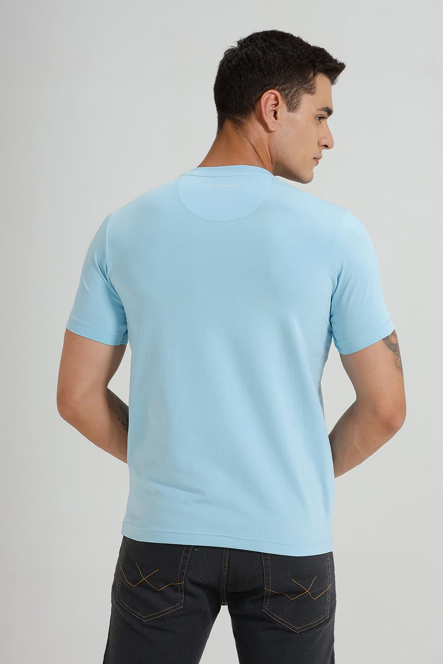 BASICS REGULAR FIT SKY BLUE COTTON STRETCH CREW T-SHIRT