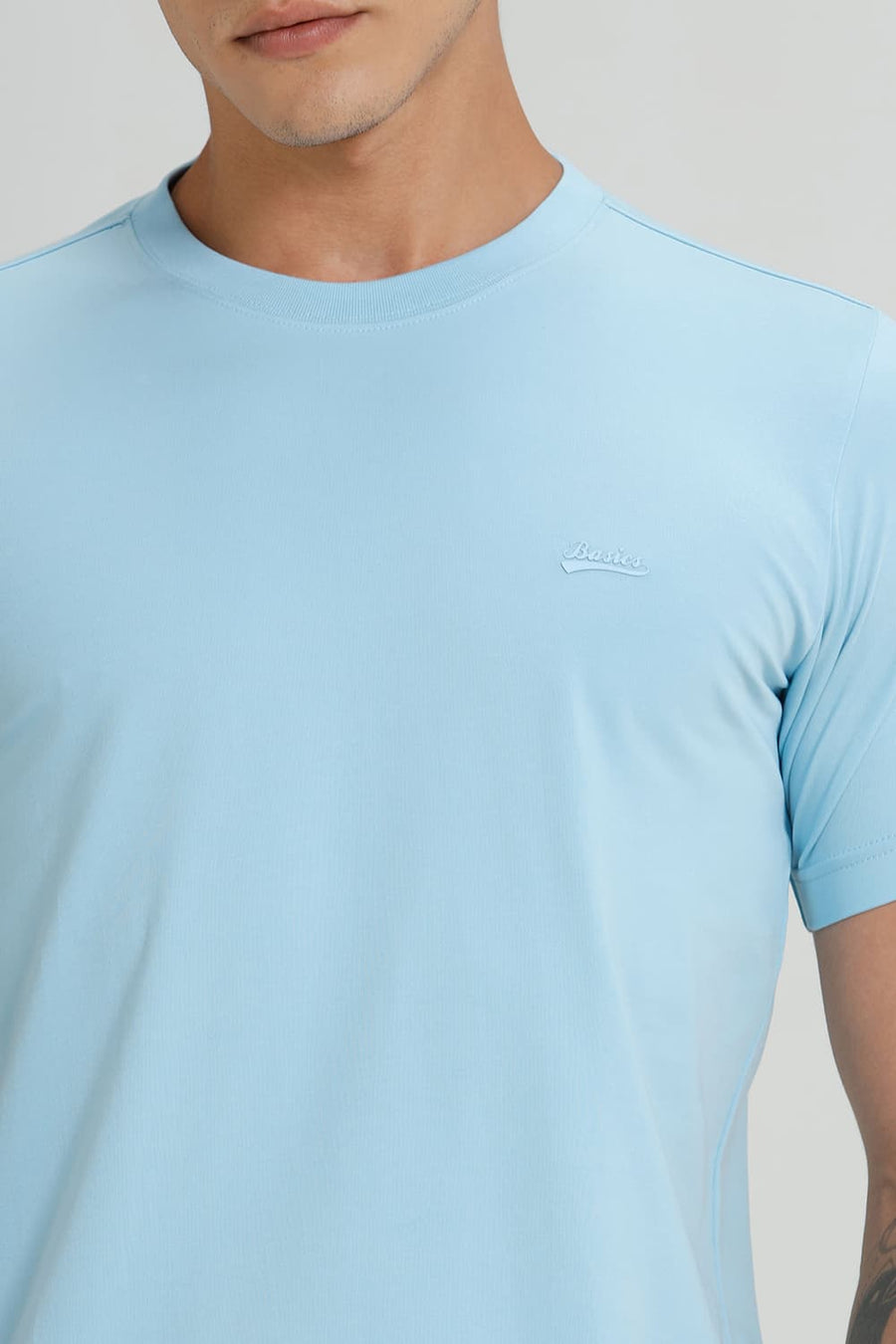 BASICS REGULAR FIT SKY BLUE COTTON STRETCH CREW T-SHIRT