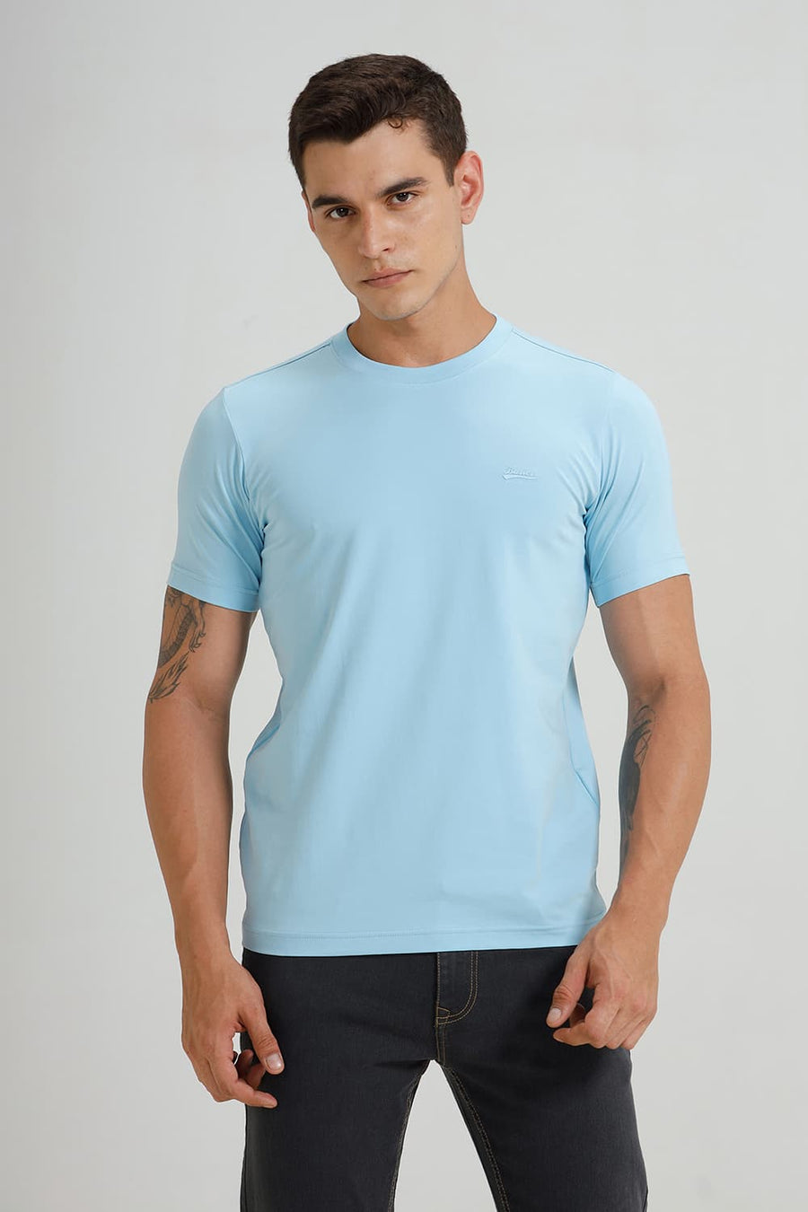 BASICS REGULAR FIT SKY BLUE COTTON STRETCH CREW T-SHIRT