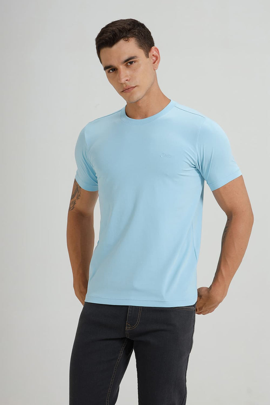BASICS REGULAR FIT SKY BLUE COTTON STRETCH CREW T-SHIRT