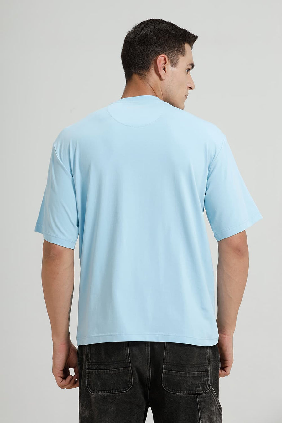 BASICS RELAXED FIT SKY BLUE COTTON STRETCH CREW T-SHIRT