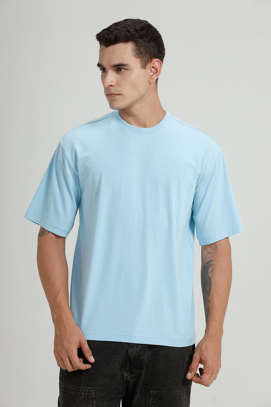 BASICS RELAXED FIT SKY BLUE COTTON STRETCH CREW T-SHIRT