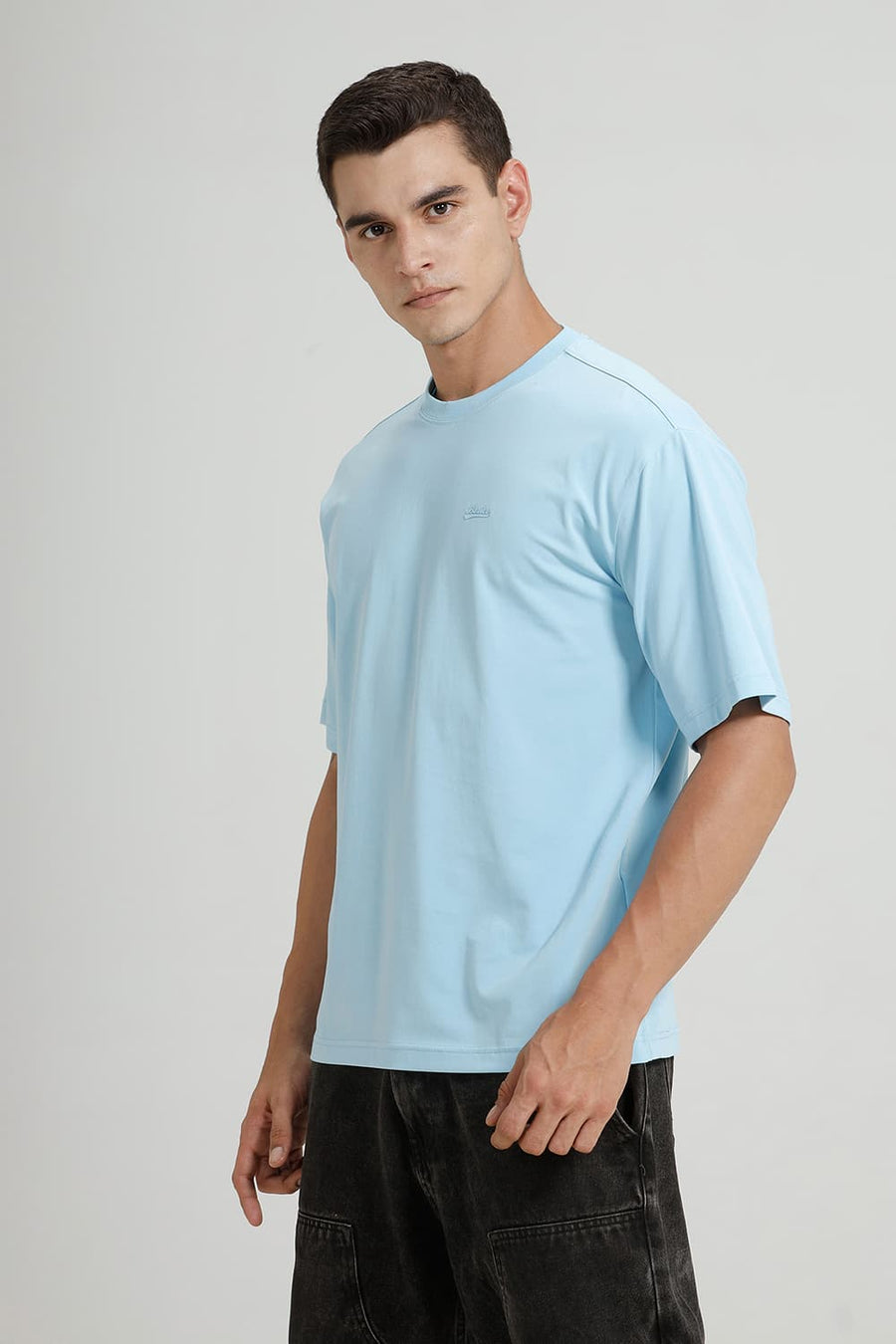 BASICS RELAXED FIT SKY BLUE COTTON STRETCH CREW T-SHIRT