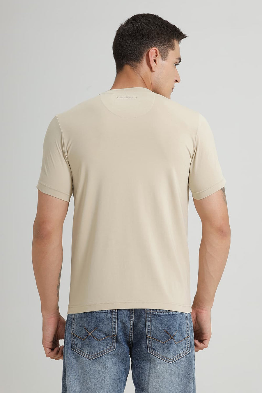BASICS REGULAR FIT SAFARI BEIGE COTTON STRETCH CREW T-SHIRT