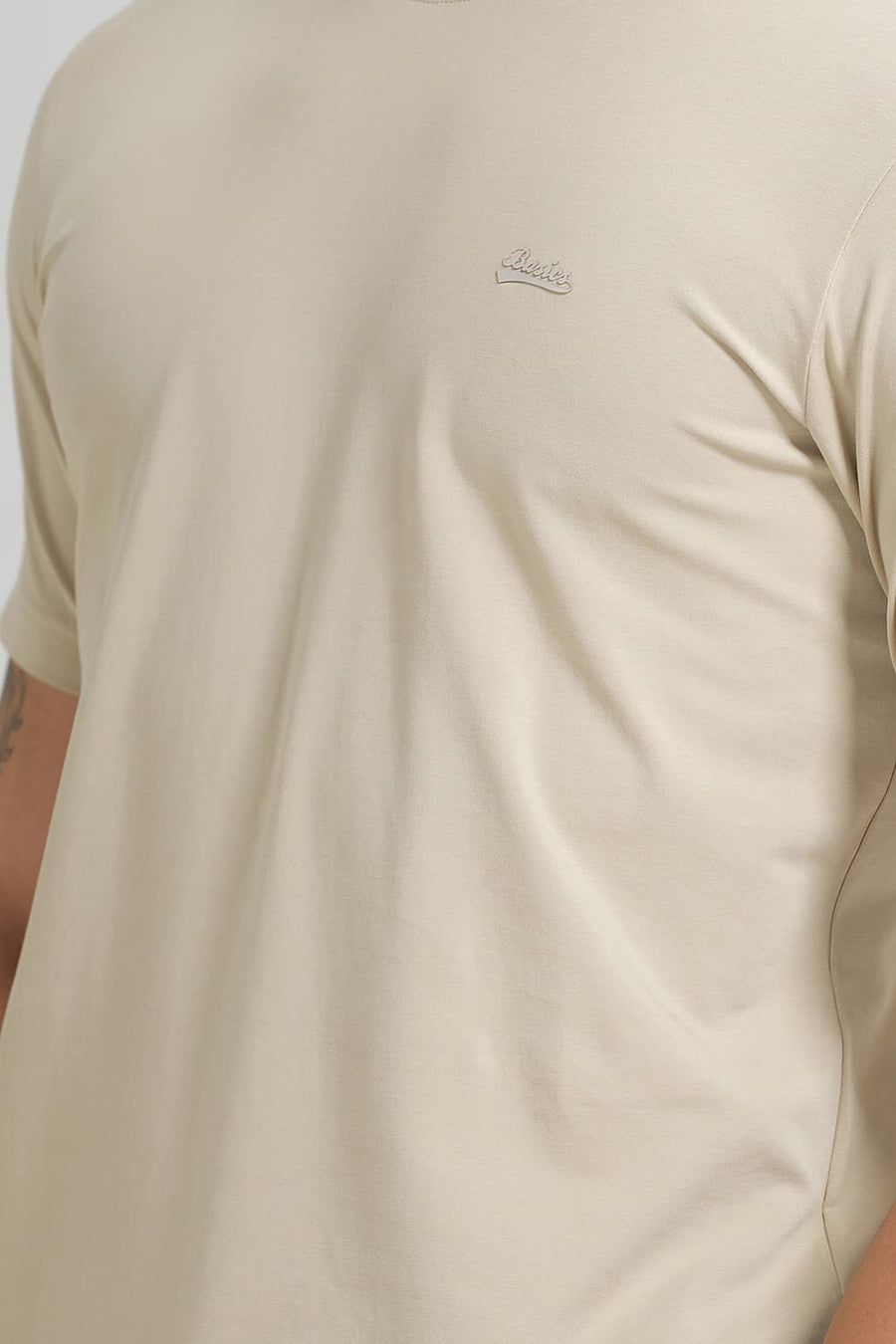 BASICS REGULAR FIT SAFARI BEIGE COTTON STRETCH CREW T-SHIRT