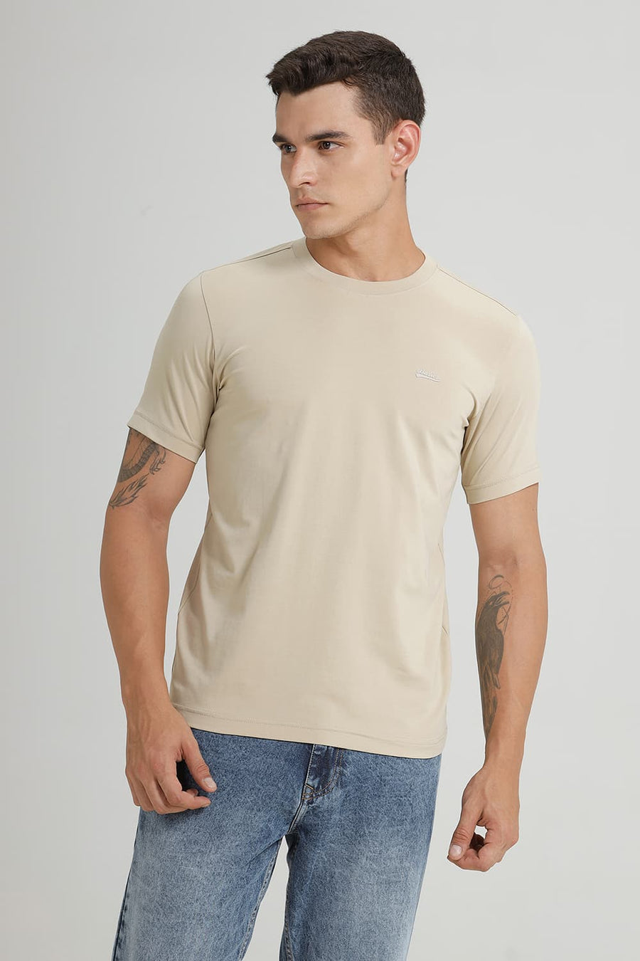 BASICS REGULAR FIT SAFARI BEIGE COTTON STRETCH CREW T-SHIRT