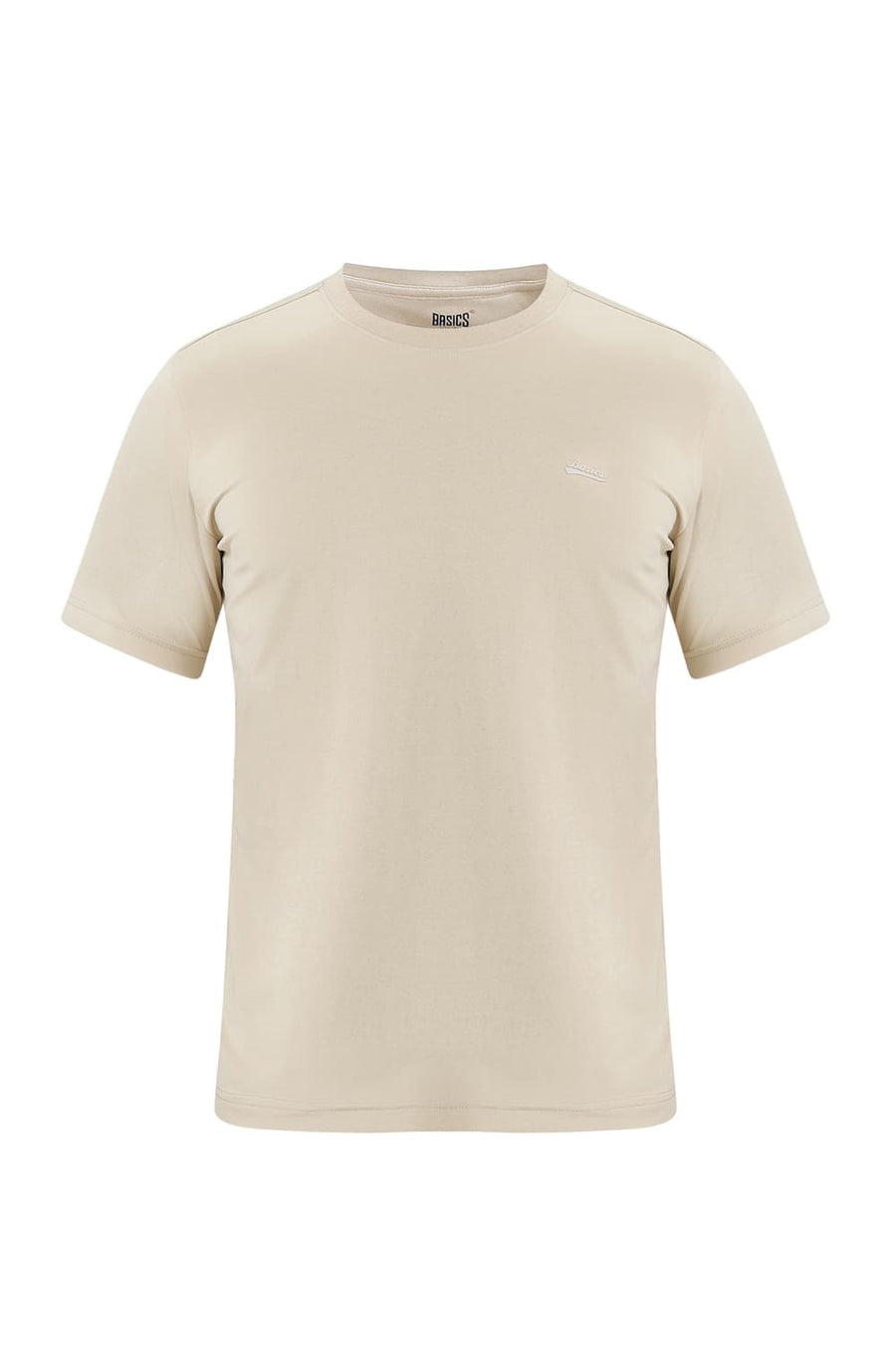 BASICS REGULAR FIT SAFARI BEIGE COTTON STRETCH CREW T-SHIRT
