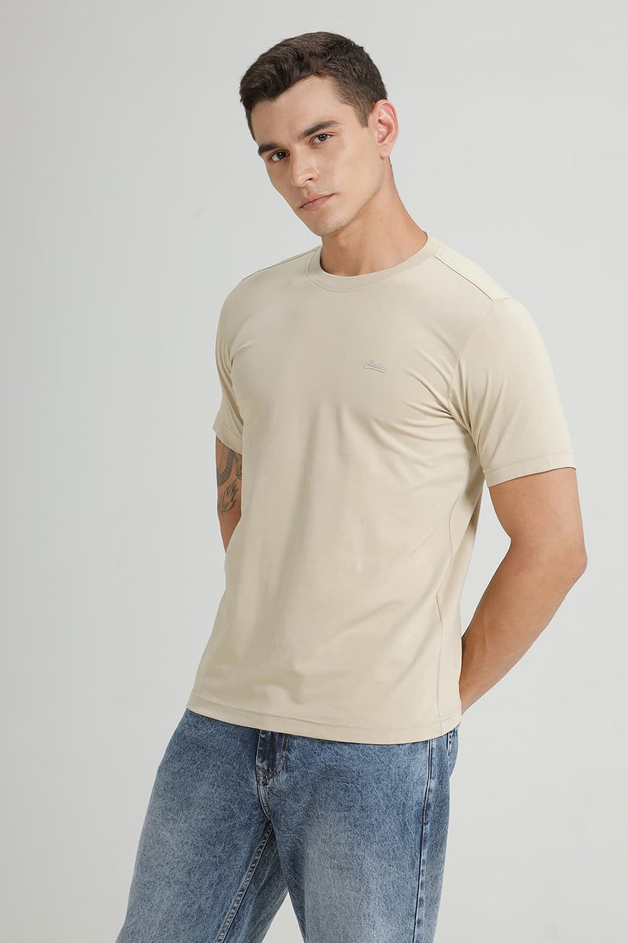 BASICS REGULAR FIT SAFARI BEIGE COTTON STRETCH CREW T-SHIRT