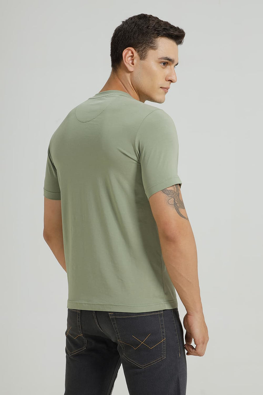 BASICS REGULAR FIT OIL GREEN COTTON STRETCH CREW T-SHIRT