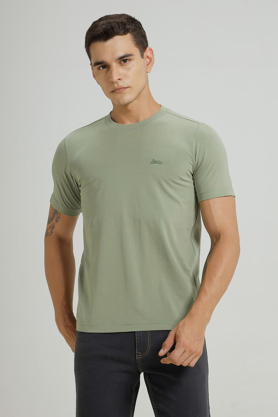 BASICS REGULAR FIT OIL GREEN COTTON STRETCH CREW T-SHIRT