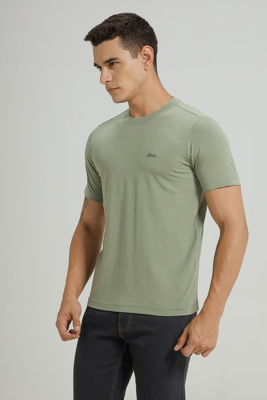 BASICS REGULAR FIT OIL GREEN COTTON STRETCH CREW T-SHIRT