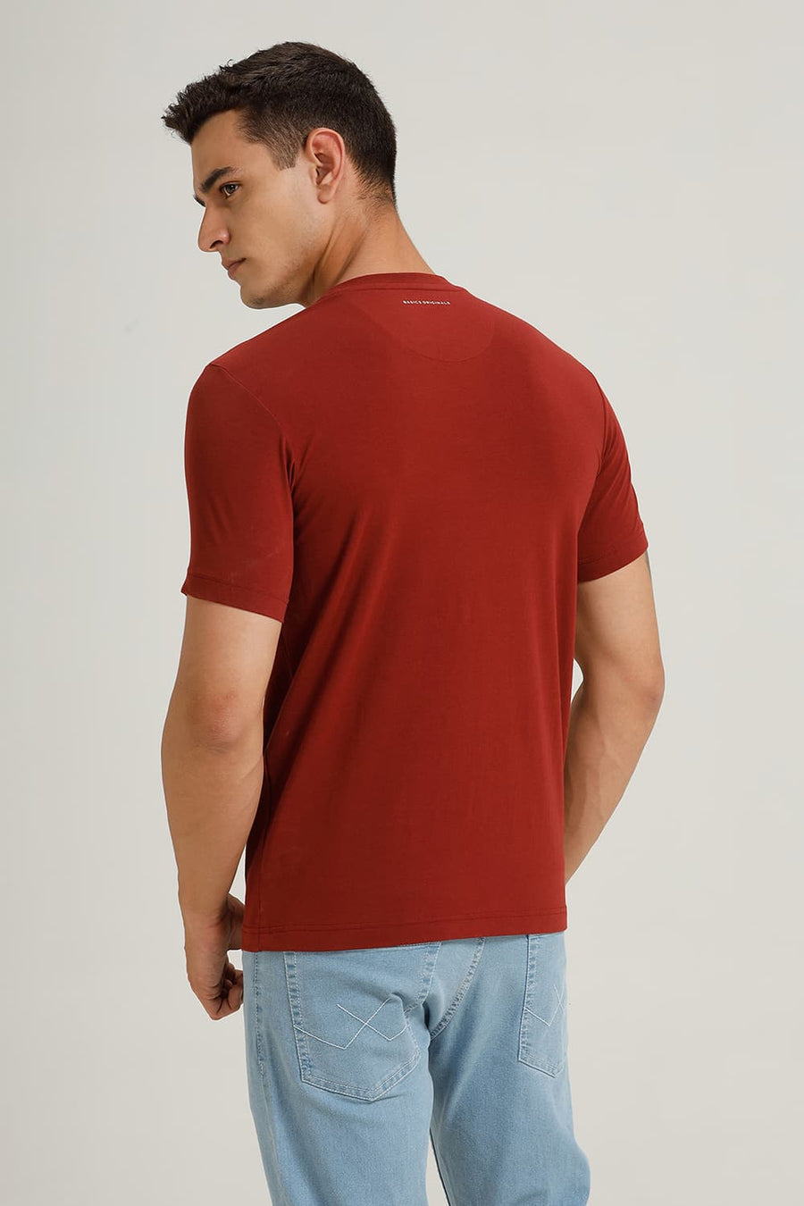 BASICS REGULAR FIT BROWN BRICK COTTON STRETCH CREW T-SHIRT