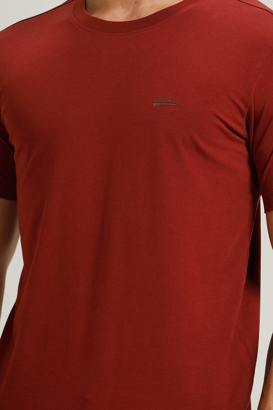 BASICS REGULAR FIT BROWN BRICK COTTON STRETCH CREW T-SHIRT