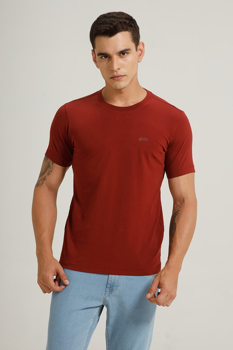 BASICS REGULAR FIT BROWN BRICK COTTON STRETCH CREW T-SHIRT